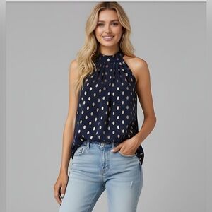 Gold Leaf Print Pleated Halter Top Blue